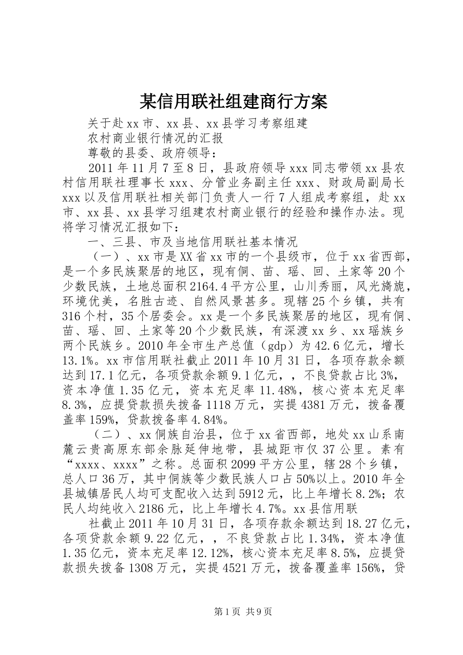 某信用联社组建商行实施方案 _第1页