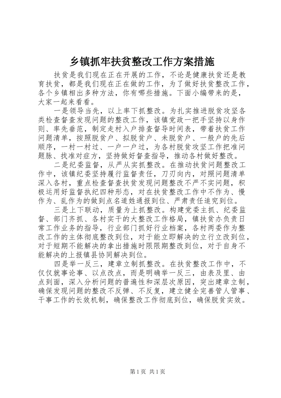 乡镇抓牢扶贫整改工作方案措施_第1页