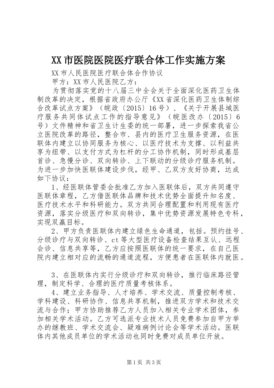 XX市医院医院医疗联合体工作方案 _第1页