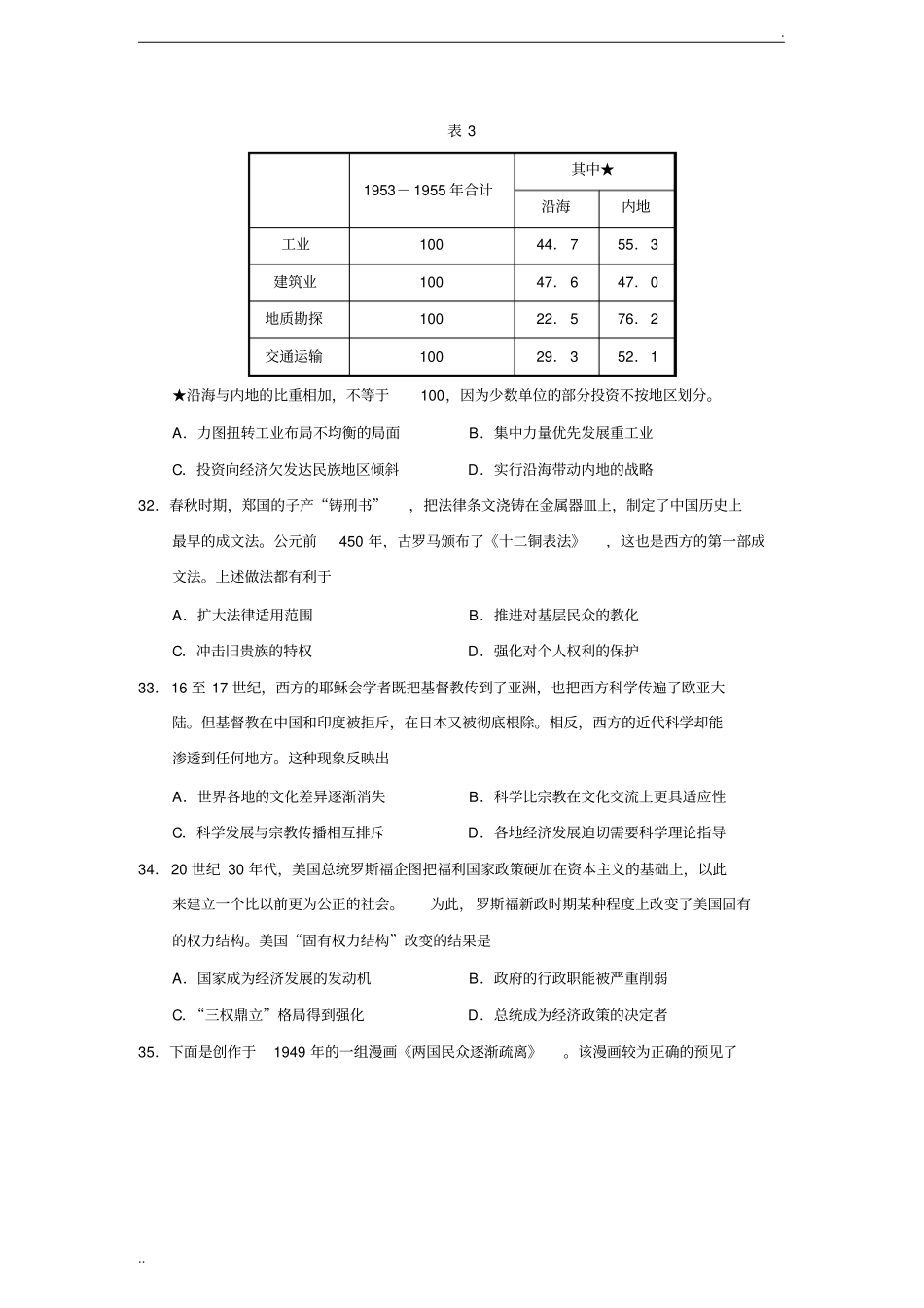 山东省济宁市2019届高三3月高考模拟考试文综历史试题(Word版)_第3页