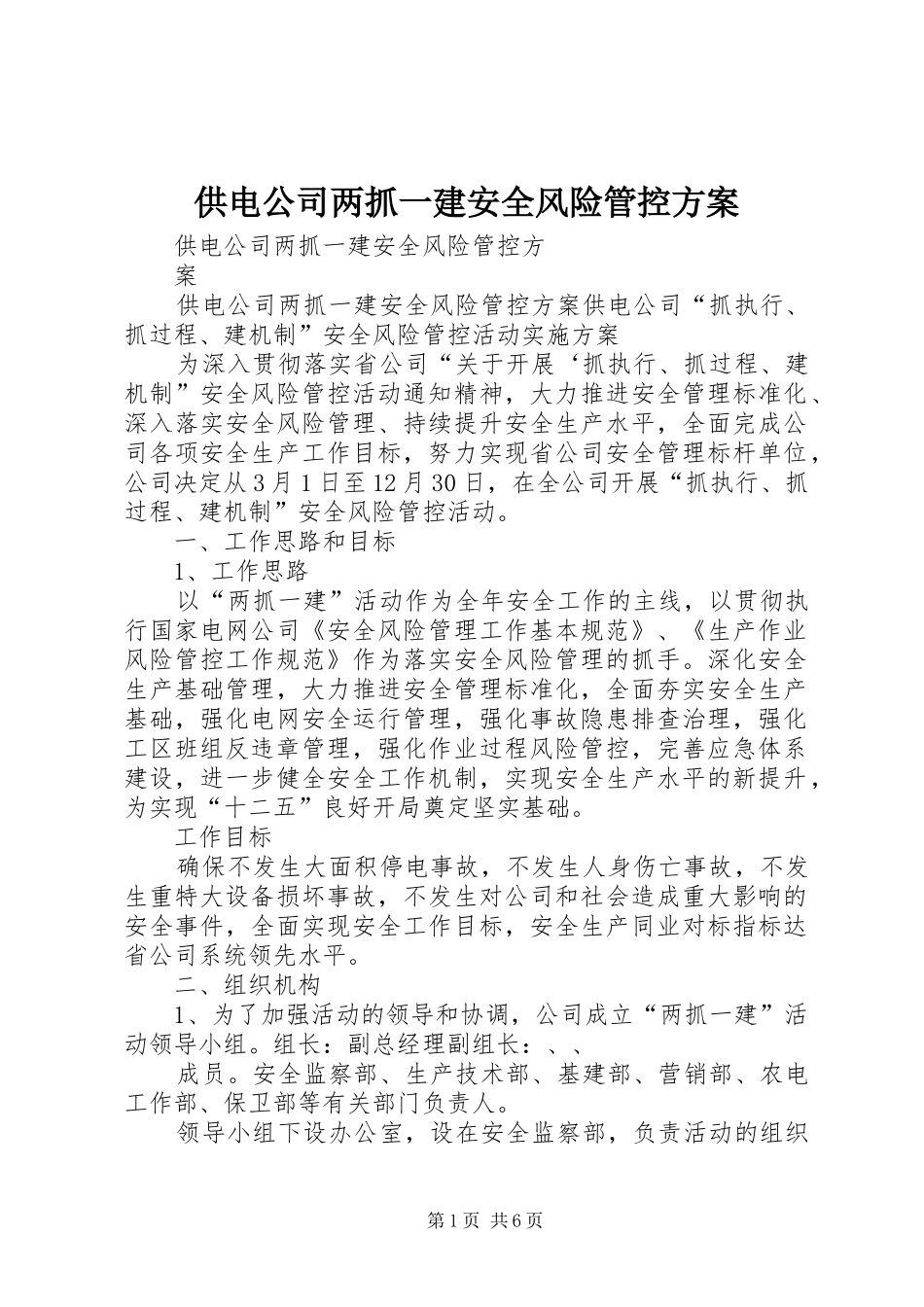 供电公司两抓一建安全风险管控实施方案 _第1页