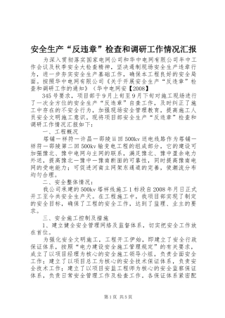 安全生产“反违章”检查和调研工作情况汇报 