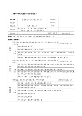 某材料研究院党委书记职务说明书