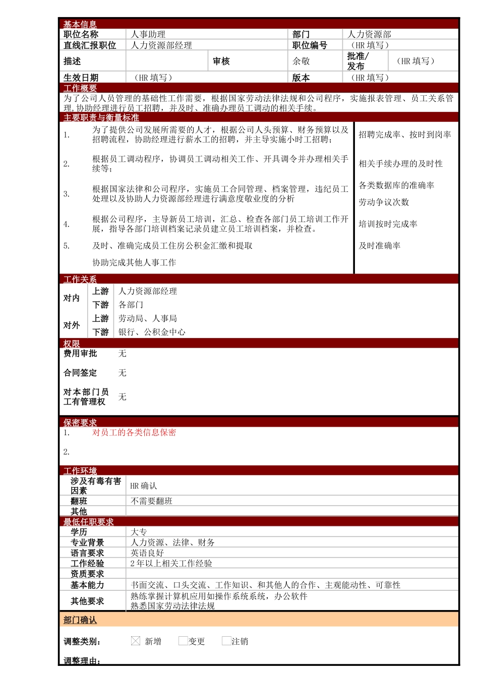 某大型电子公司人事助理职位说明书_第1页