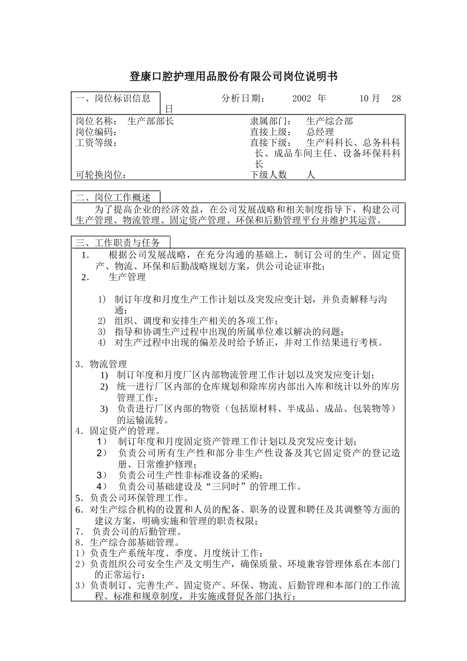 登康口腔护理用品股份有限公司生产部部长岗位说明书_第1页