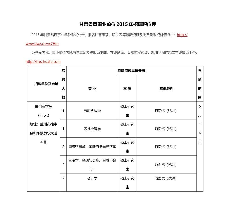 甘肃省直事业单位XXXX年招聘职位表_第1页