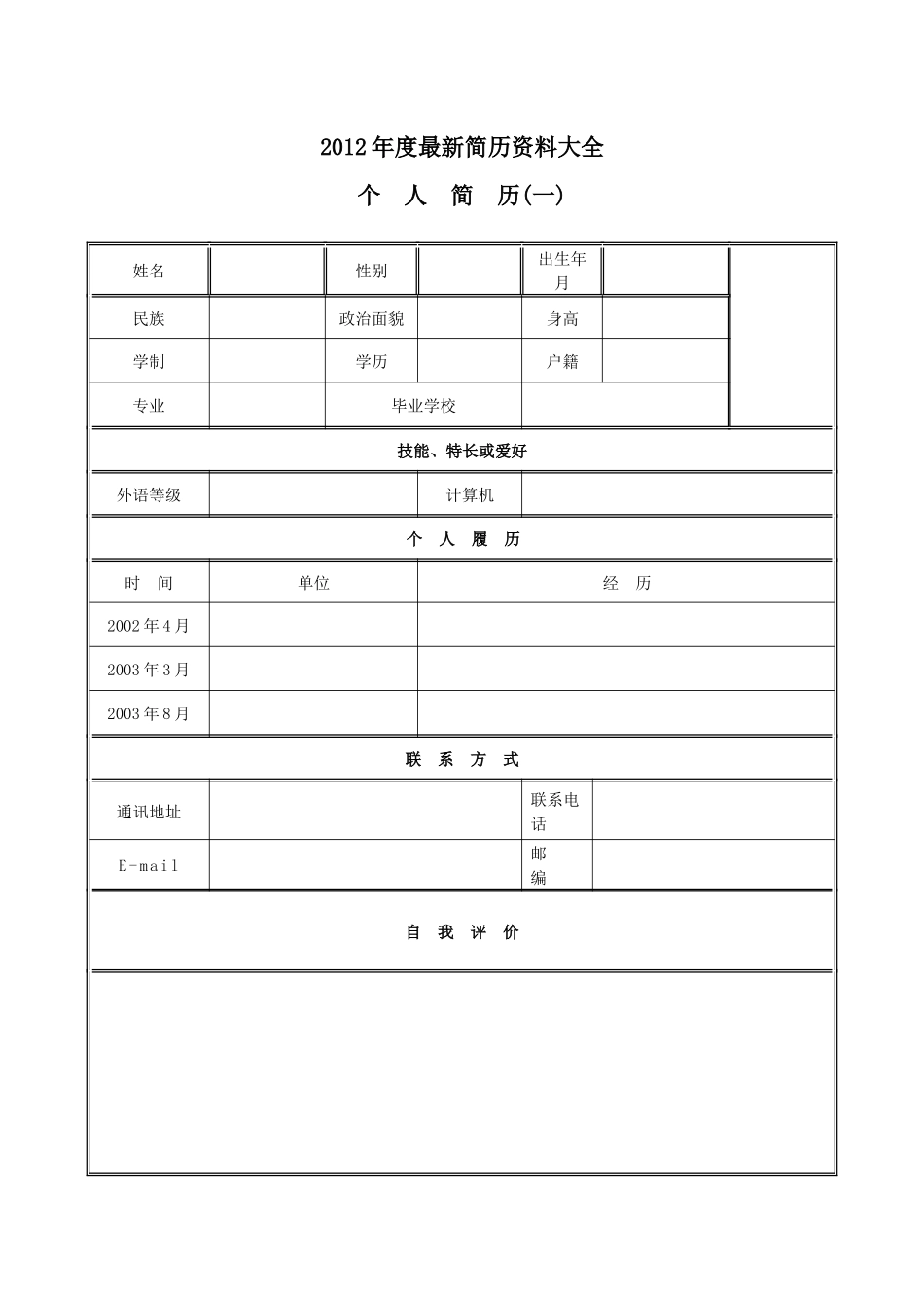 空白简历、个人简历介绍、简历格式、内容介绍_第1页