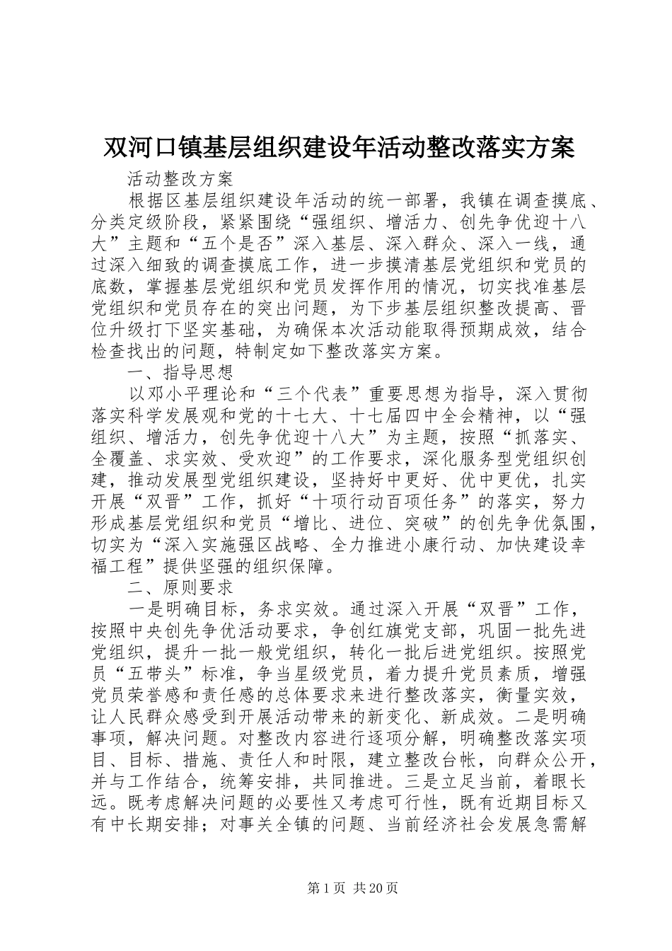 双河口镇基层组织建设年活动整改落实方案_第1页