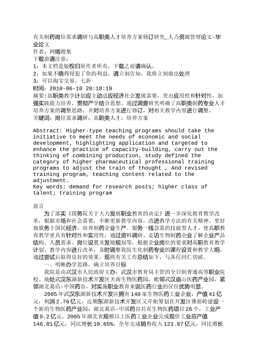 【精品文档-管理学】有关制药岗位需求调研与高职类人才培养方案_第1页