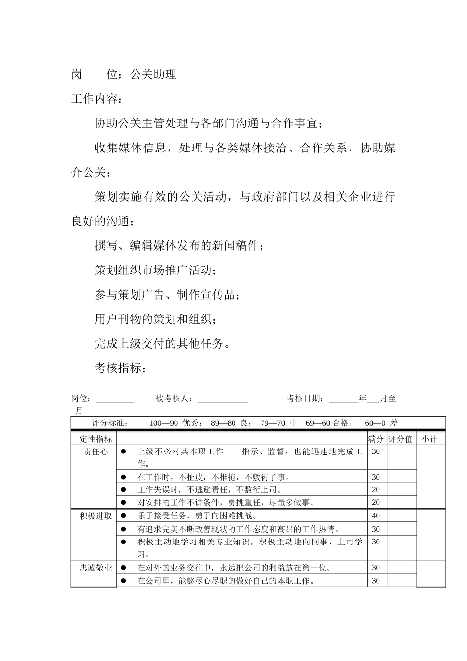 岗位工作内容和年度定性考核指标-公关助理_第1页