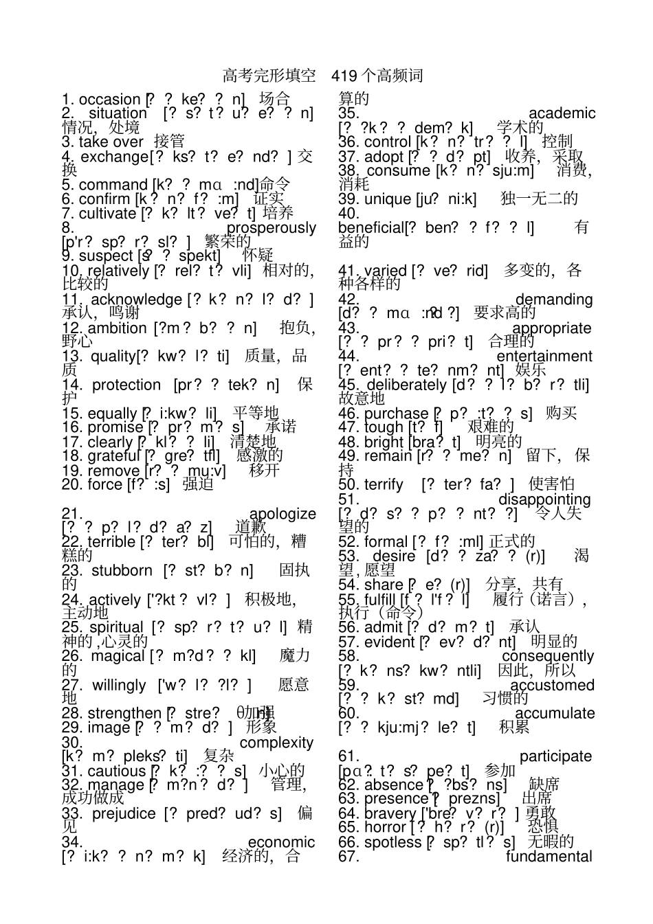 往年高考英语完形填空高频词汇(带音标)_第1页