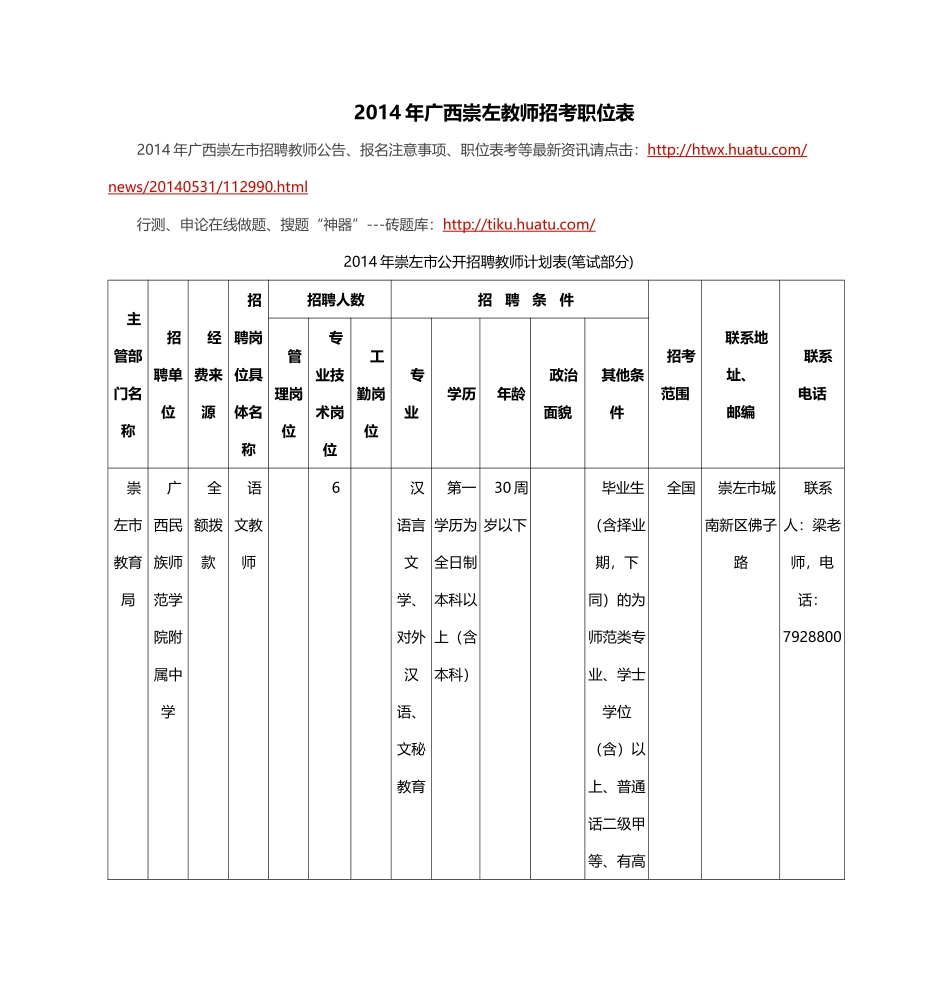 X年广西崇左教师招考职位表_第1页