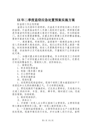 XX年二季度盗窃应急处置预案方案 