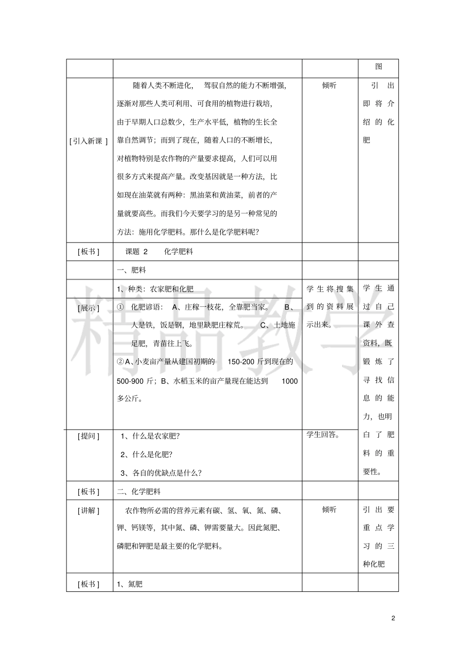 人教版九年级化学下册第十一单元精品教案课题2化学肥料_第2页