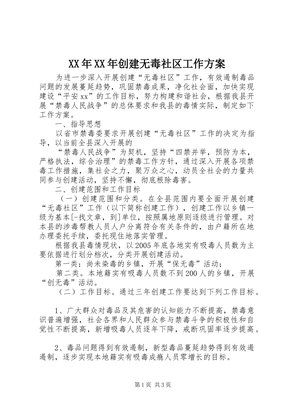 XX年XX年创建无毒社区工作实施方案 _第1页