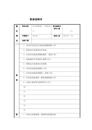空压机维修工（兼发电工）岗位说明书
