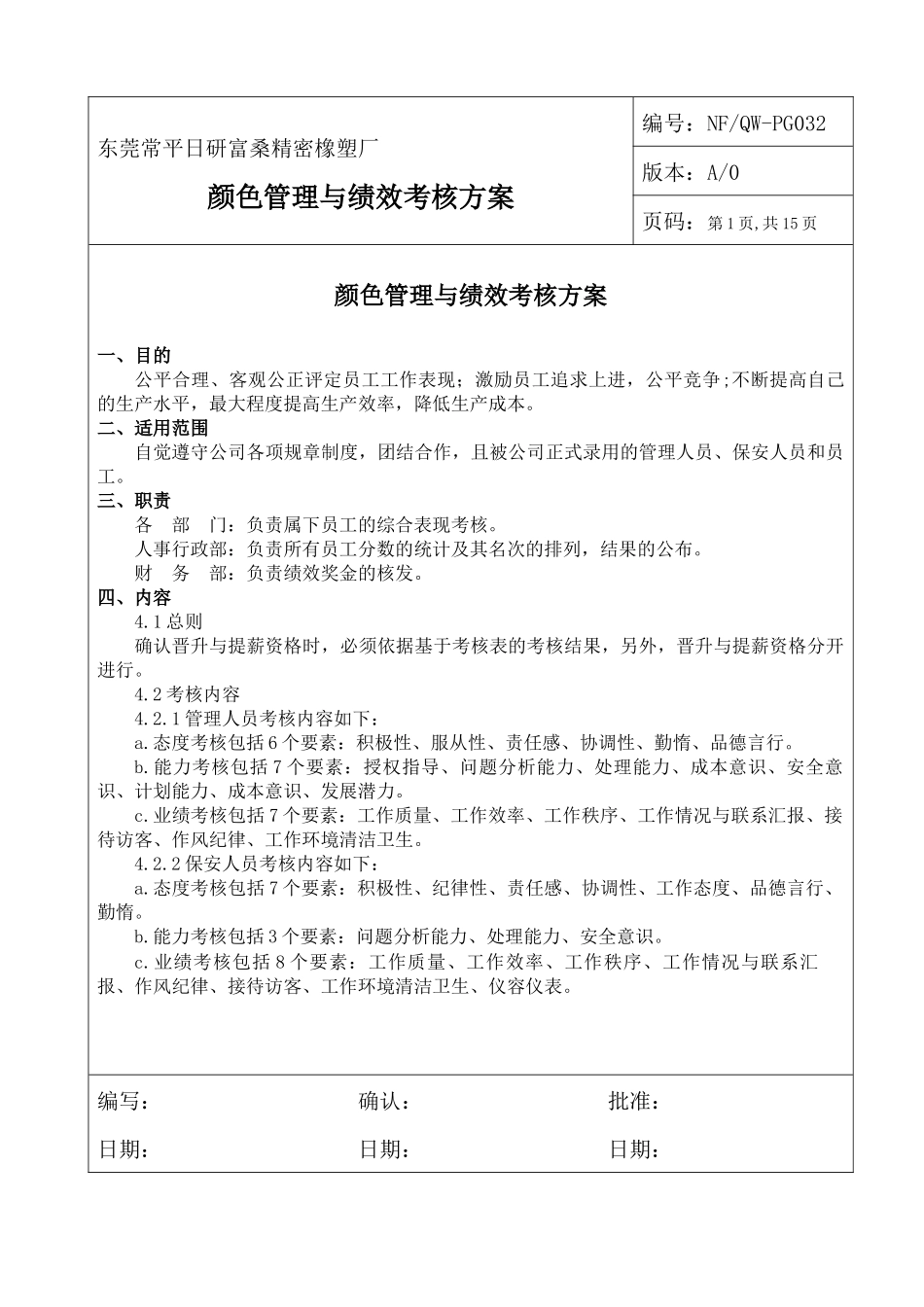 东莞常平日研富桑精密橡塑厂颜色管理与绩效考核方案--SALON98_第1页