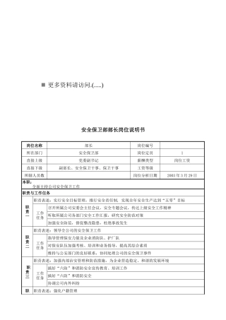 安全保卫部岗位职责说明书