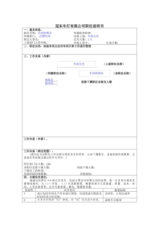 冠东车灯公司注塑车间管理员职位说明书