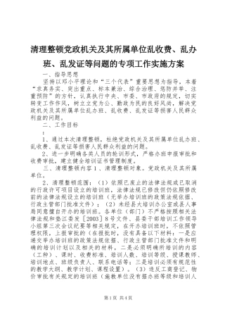 清理整顿党政机关及其所属单位乱收费、乱办班、乱发证等问题的专项工作方案 