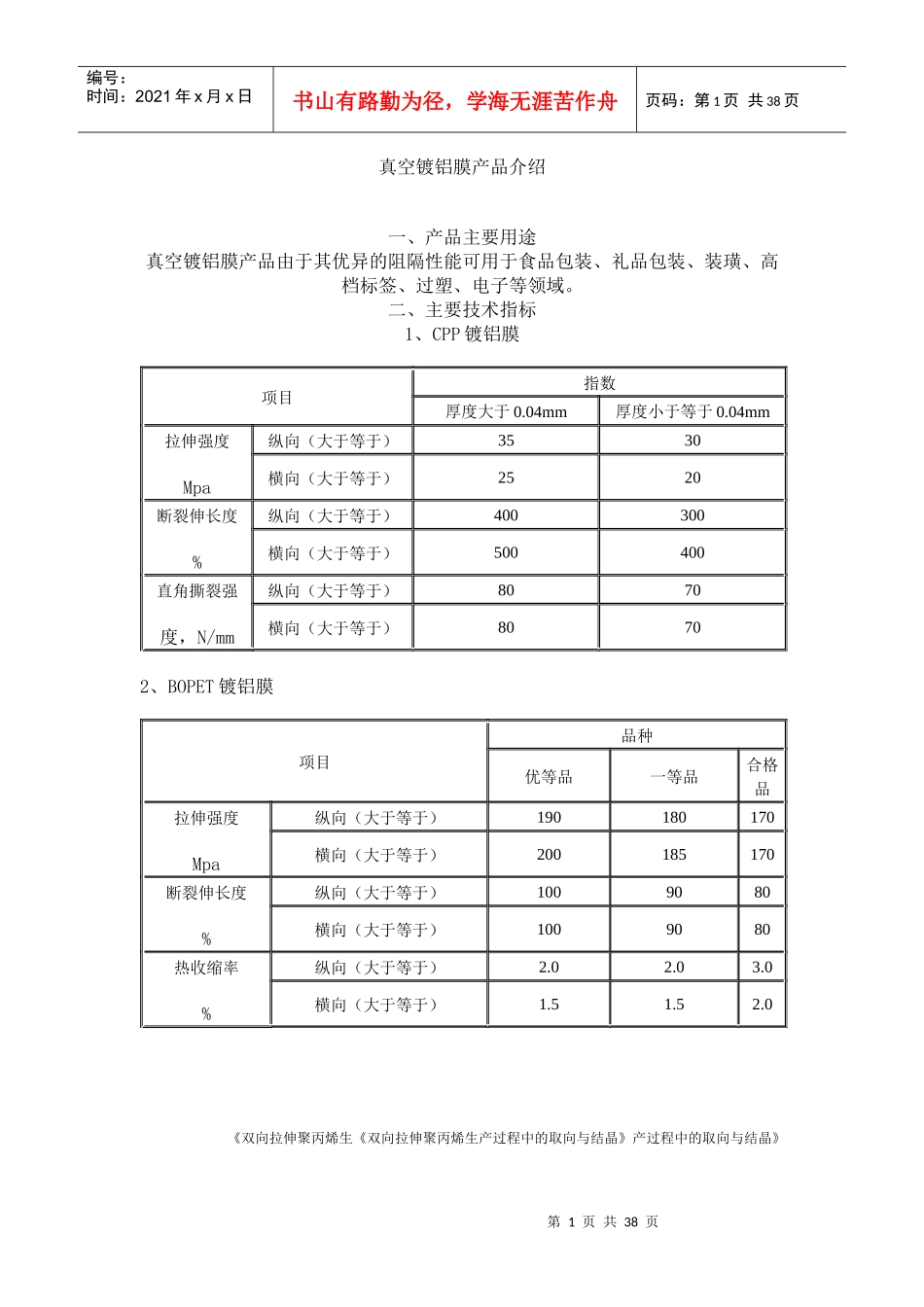 真空镀铝双向拉伸聚酯薄膜的应用及发展_第1页