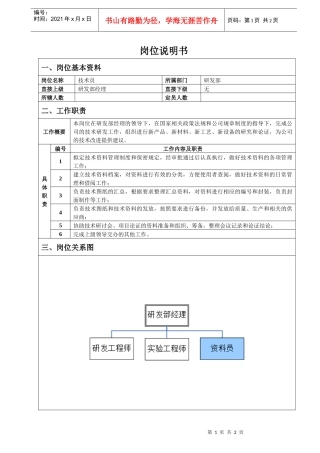 研发部资料员岗位说明书