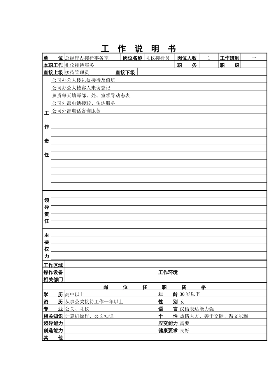 礼仪接待员工作说明书_第1页