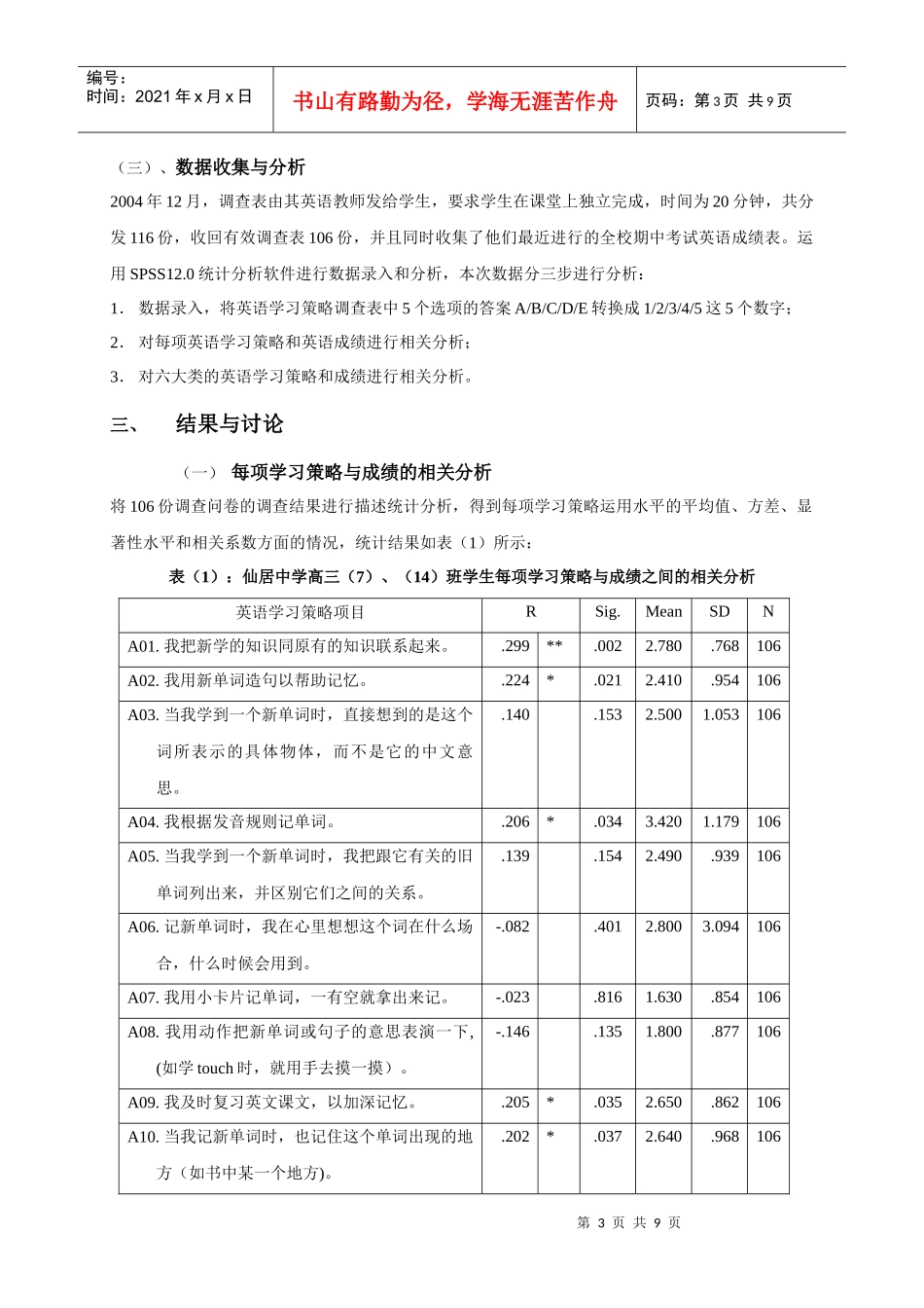相对落后地区高中生英语学习策略与学习成绩的相关分析_第3页