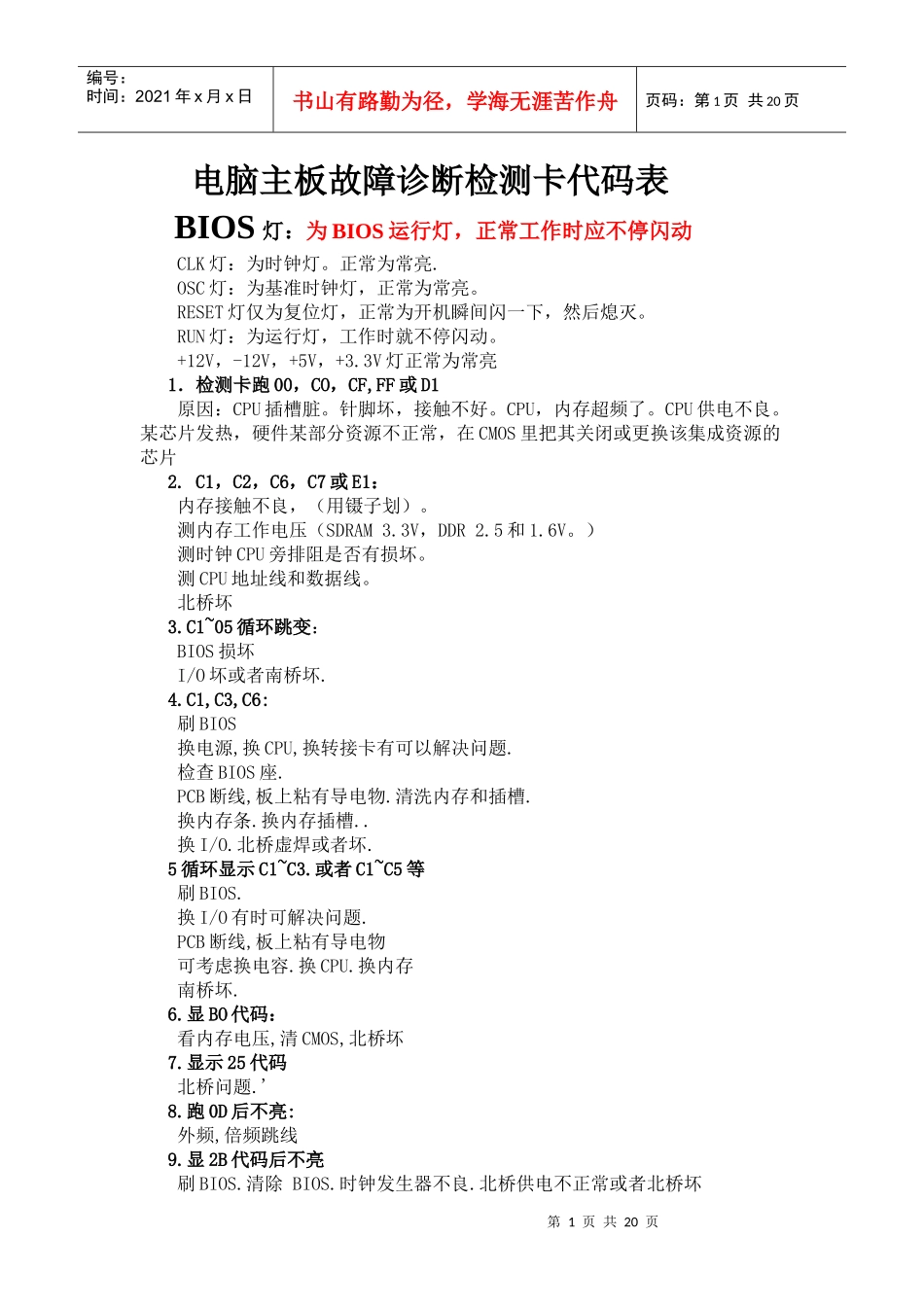 电脑主板故障诊断检测卡代码表与解决方案_第1页