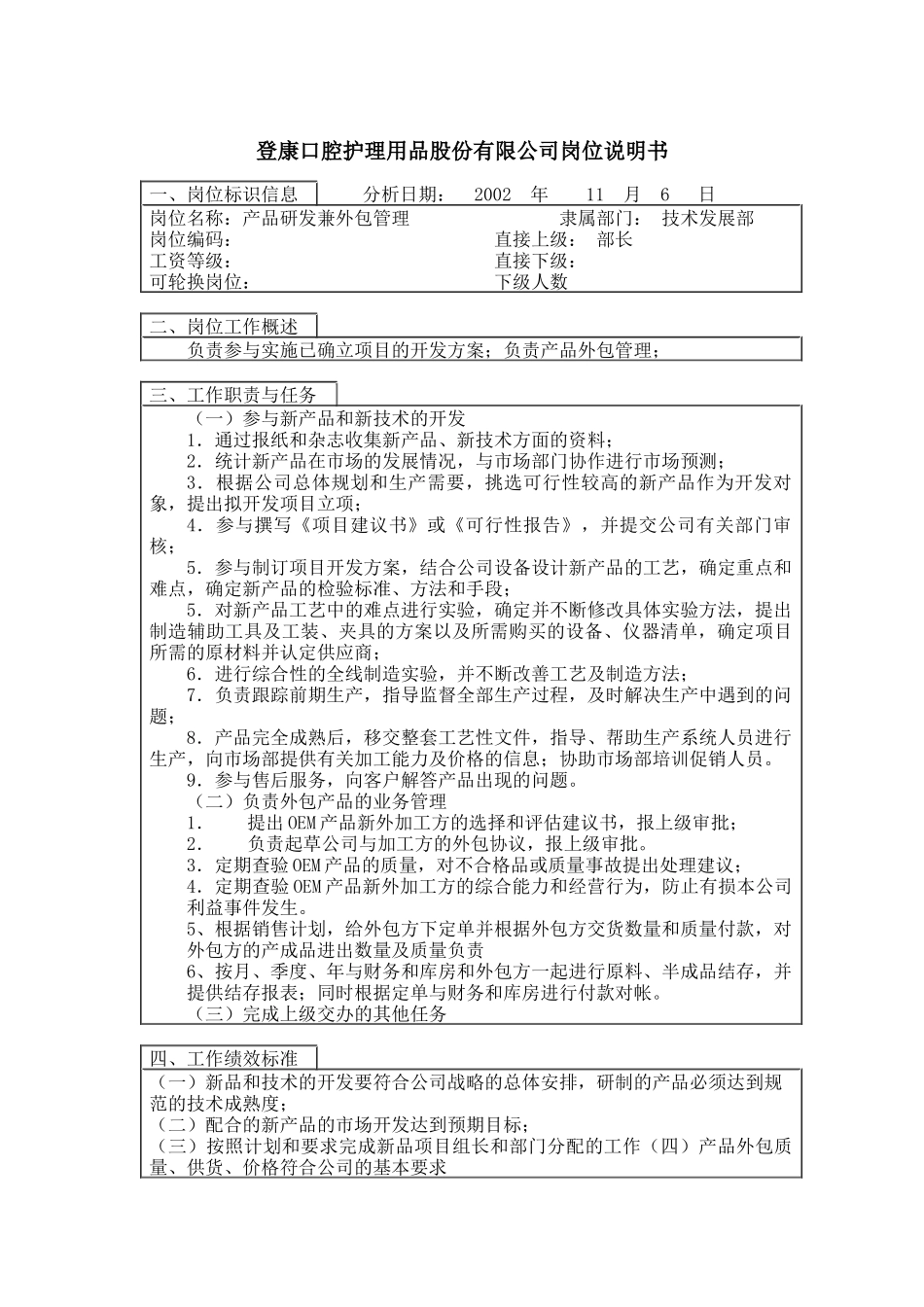登康口腔护理用品股份有限公司产品研发兼外包管理岗位说明书_第1页