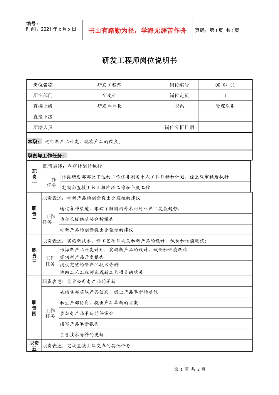 研发工程师岗位说明书_第1页