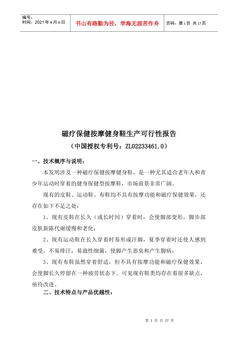 磁疗保健按摩健身鞋生产可行性报告_第1页