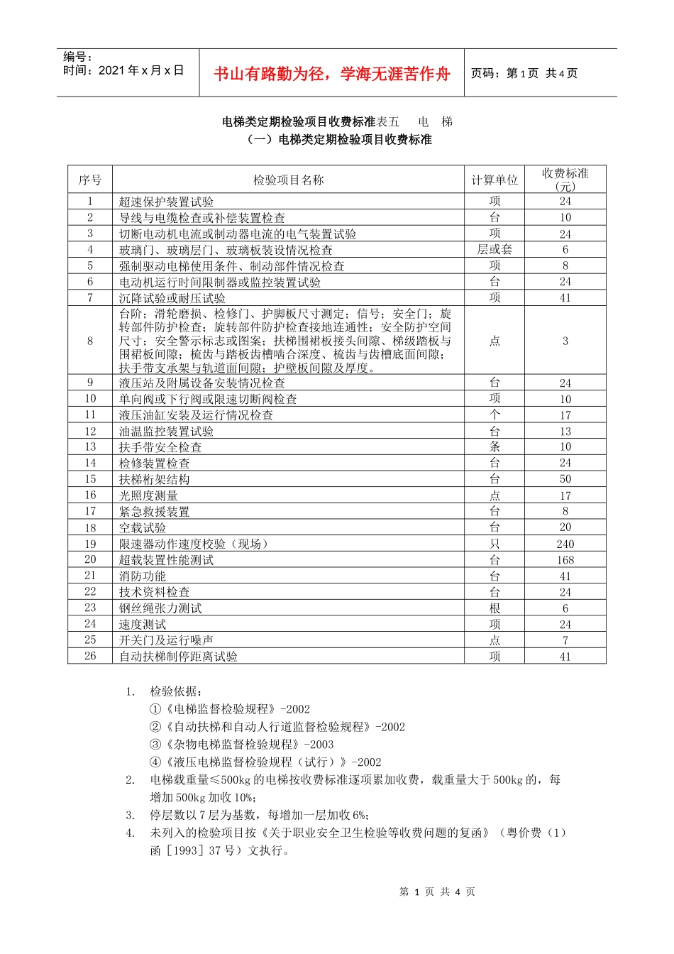 电梯类定期检验项目收费标准表五   电  梯_第1页
