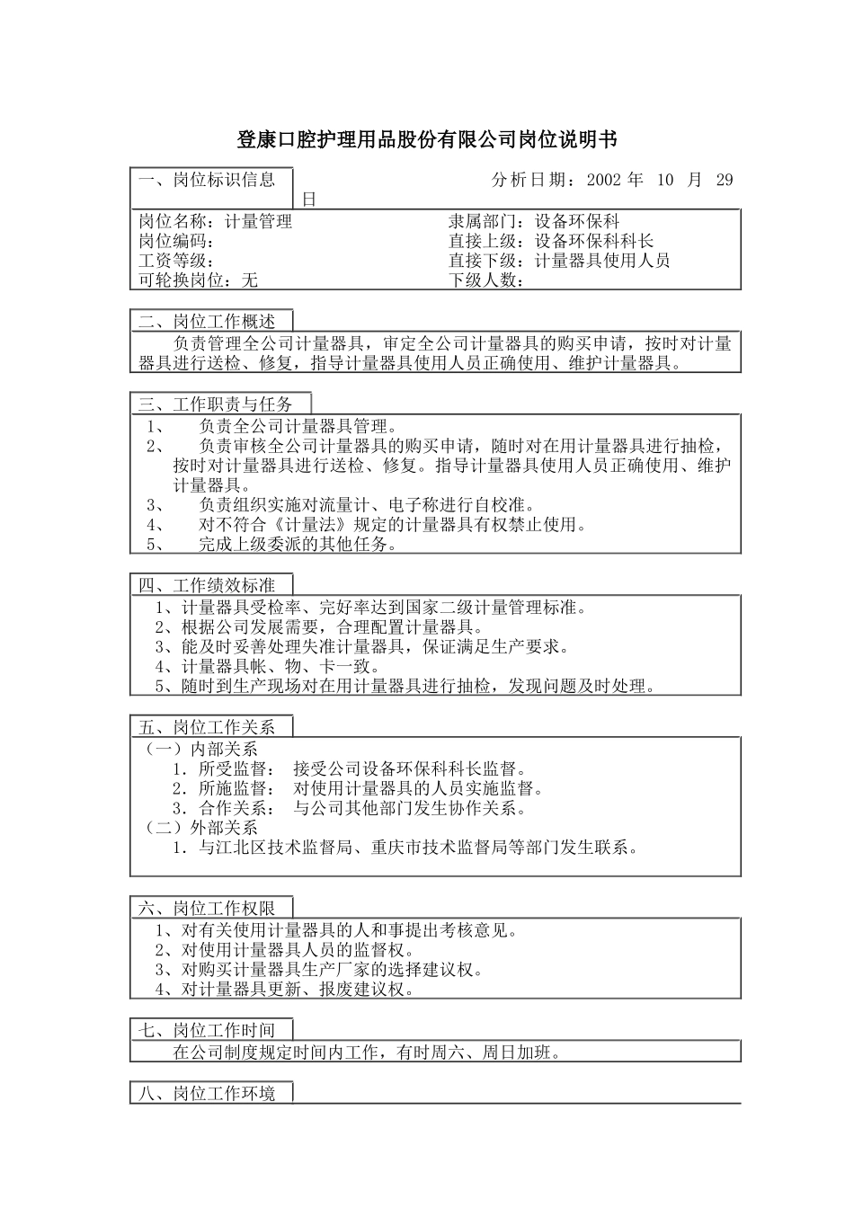 登康口腔护理用品股份有限公司计量管理岗位说明书_第1页