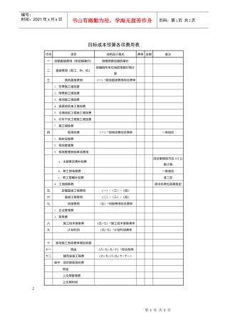 目标成本预算各项费用表