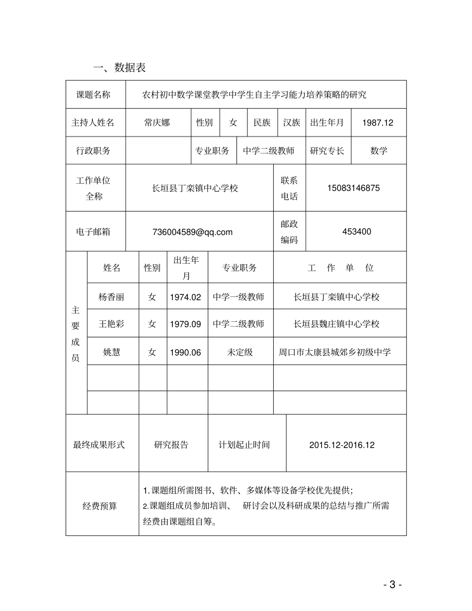 姚慧初中数学教师小课题项目立项申报书_第3页
