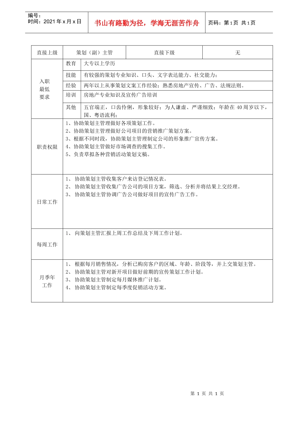 策划部文案策划员职务说明书_第1页