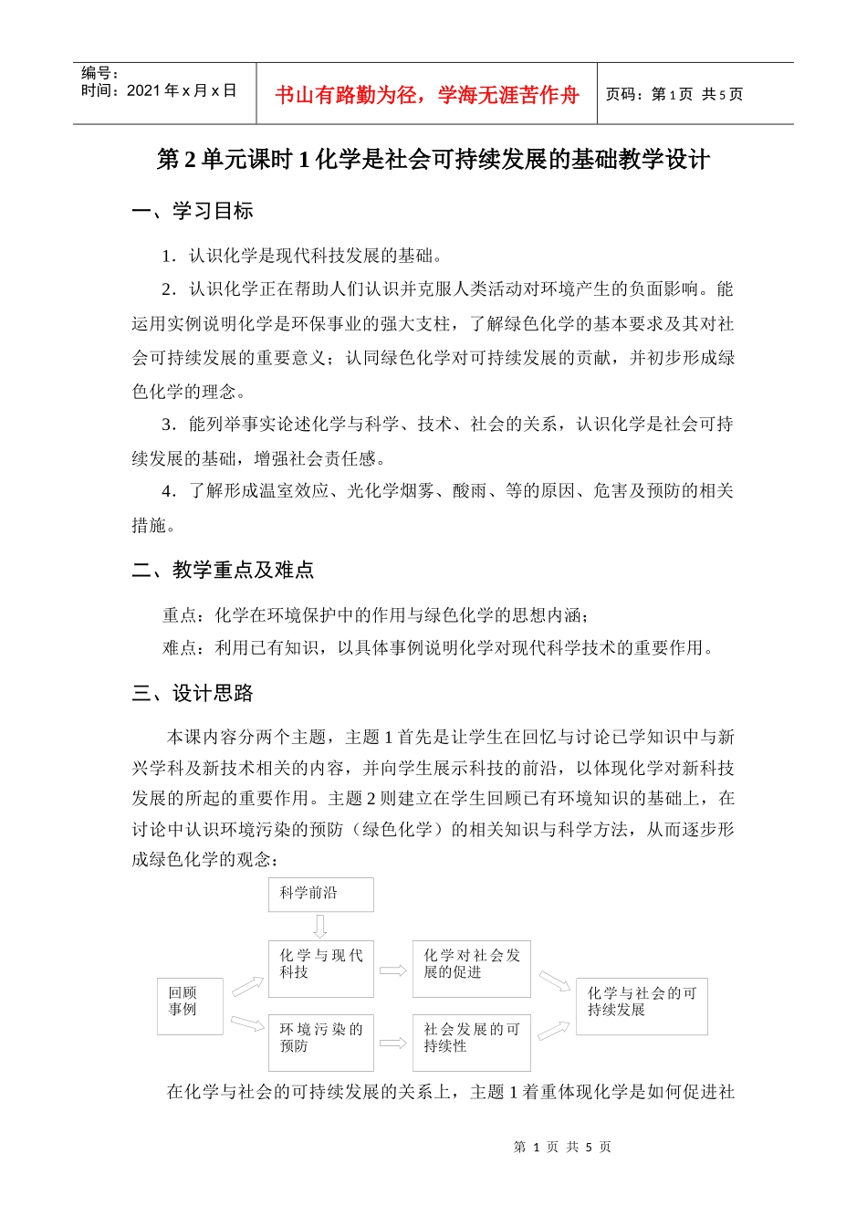 第2单元课时1化学是社会可持续发展的基础教学设计_第1页