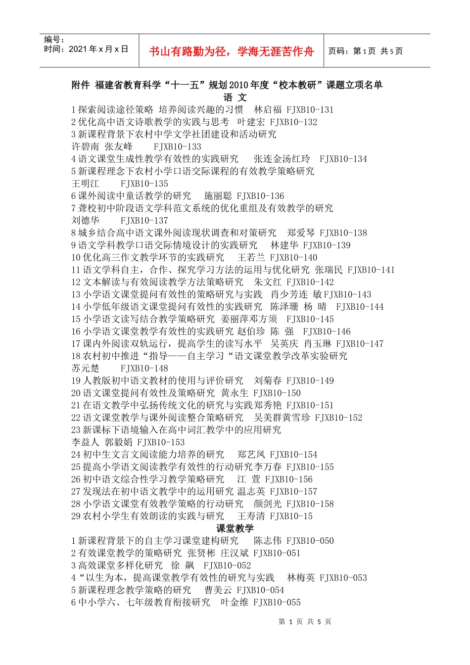 福建省教育科学“十一五”规划XXXX年度“校本教研”课题立项_第1页