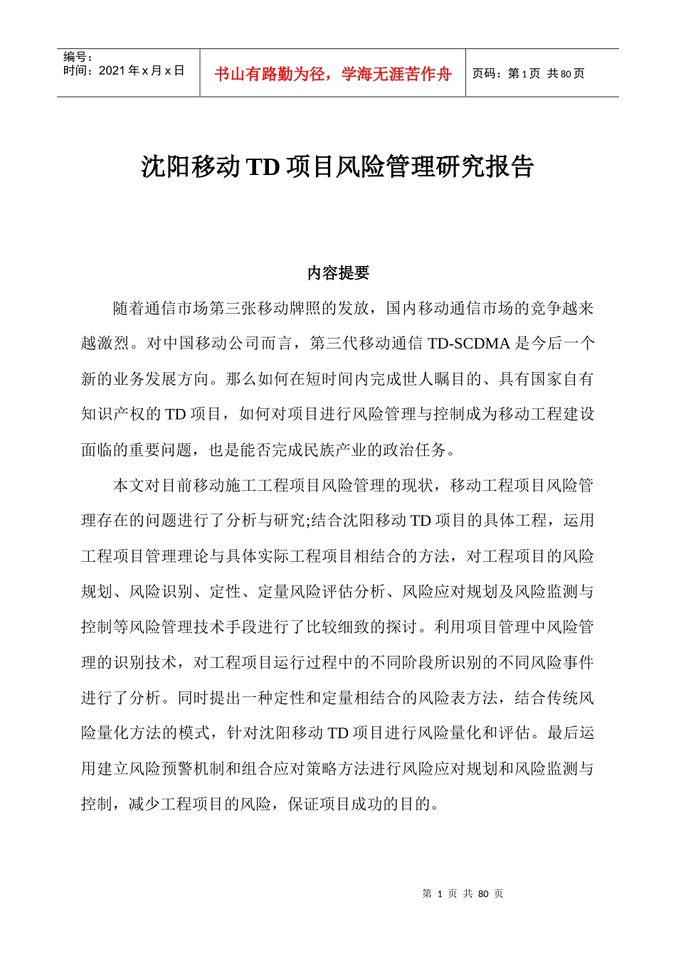 移动TD项目风险管理研究报告_第1页