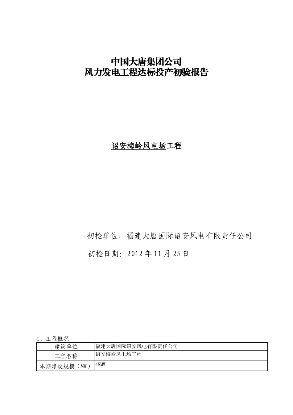 福建诏安梅岭风电项目达标投产初验报告_第1页