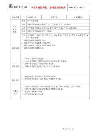 策划组(副)主管职务说明书