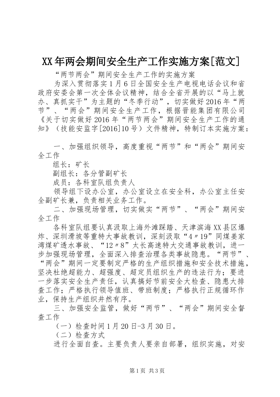 XX年两会期间安全生产工作方案[范文] _第1页