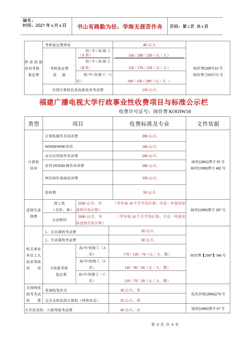 福建广播电视大学行政事业性收费项目与标准公示栏_第3页