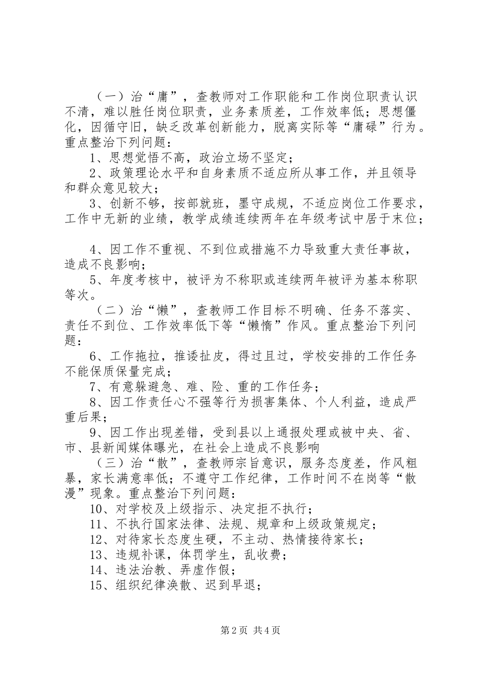 开展”治庸、治懒、治散、治慢、治乱“活动实施方案范文 _第2页