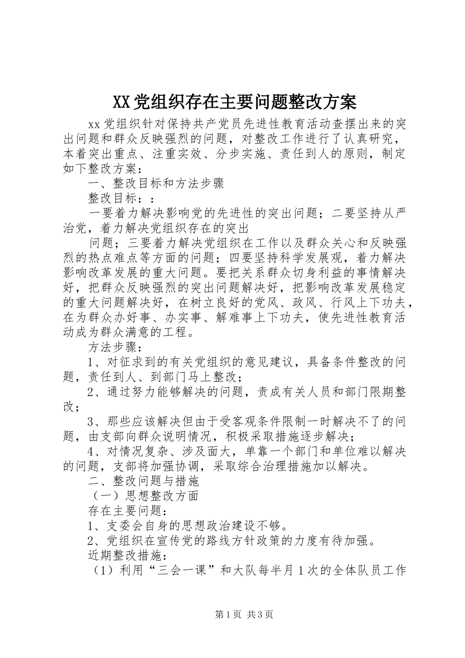 XX党组织存在主要问题整改实施方案 _第1页