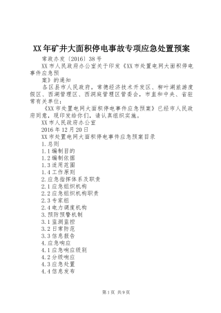 XX年矿井大面积停电事故专项应急预案 