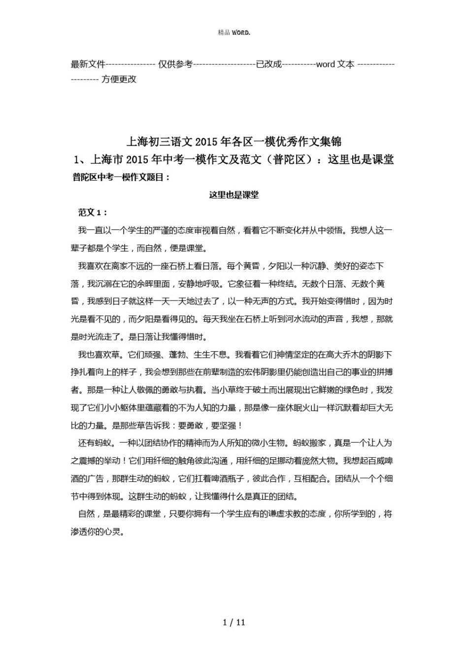 上海初三语文历年各区一模优秀作文集锦(优选.)_第1页