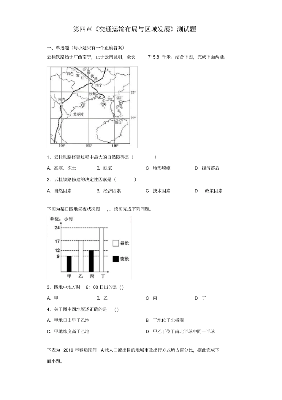 人教版地理必修第二册第四章《交通运输布局与区域发展》测试题(含答案)_第1页