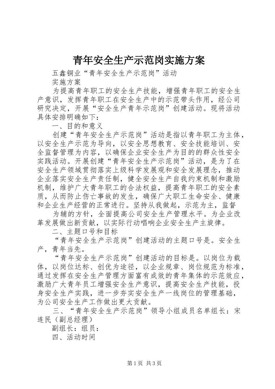 青年安全生产示范岗方案 _第1页